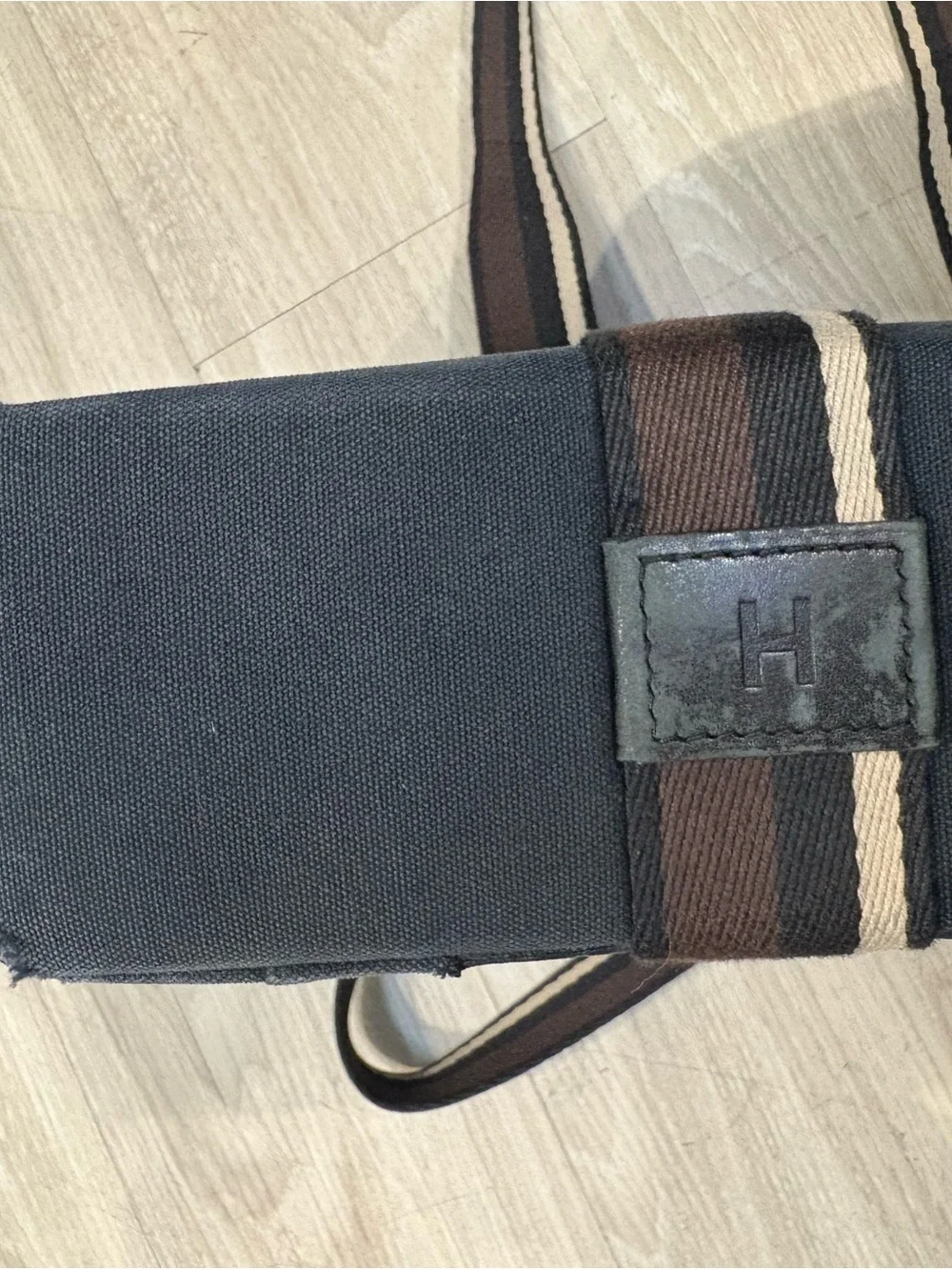Hermes Gray Canvas Messenger Tote with Brown Striped Webbing Handles